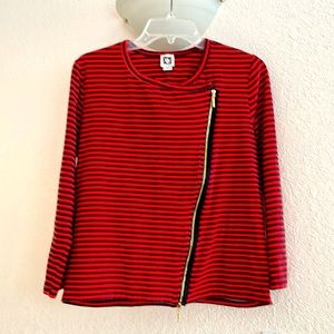 Anne Klein Red Black Striped Long Sleeve Zippered Top XL